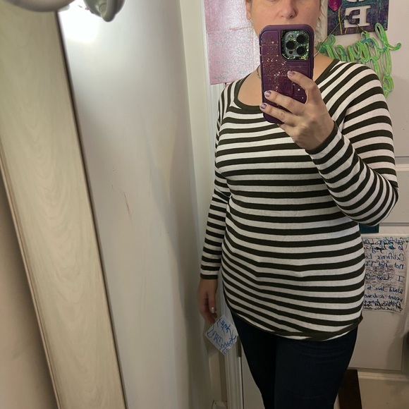 MICHAEL KHORS OLIVE GREEN WHITE STRIPE S SMALL EUC TOP SHIRT LONG - Picture 14 of 15